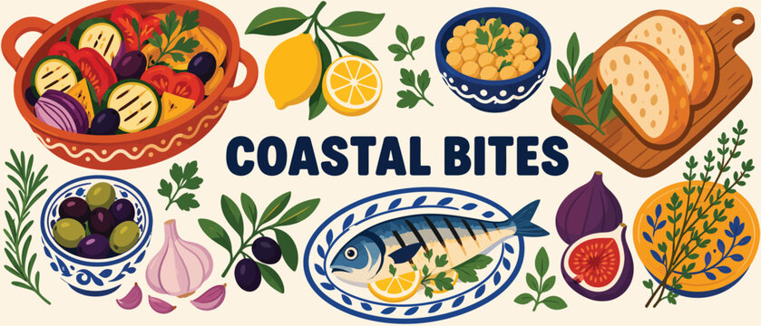 Coastal bites Mediterranean food and seafood collection.