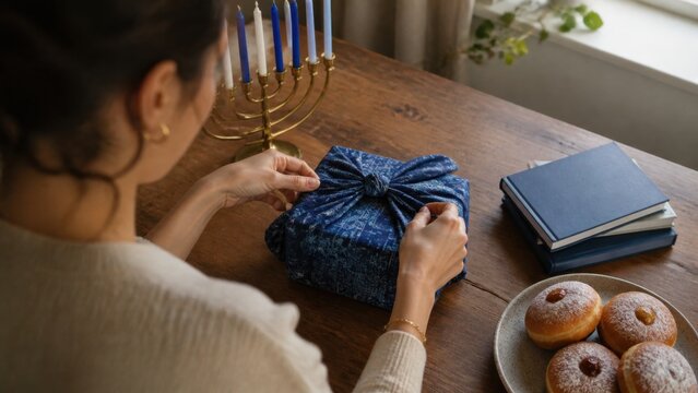 A young woman tying a reusable fabric wrap around a modest Hanukkah gift, wide environmental commercial view, for commercial stock use