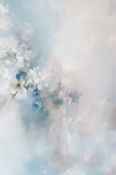 Abstract floral painting with soft pastel colors, featuring impressionistic blossoms creating a gentle, romantic, and dreamy background