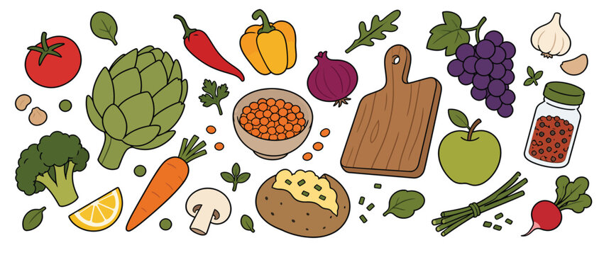 Fresh Farm Vegetables Fruits And Kitchen Cooking Essentials.