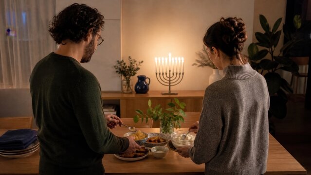 A young couple preparing applesauce and sour cream bowls for a casual Hanukkah meal, elevated three quarter view, for seasonal stock use