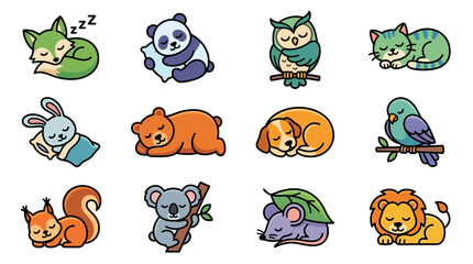 Fototapeta premium Clean Cute Cartoon Animals Sleeping Set with Fox Panda Owl Cat Rabbit Bear Dog Bird Squirrel Koala Mouse Lion