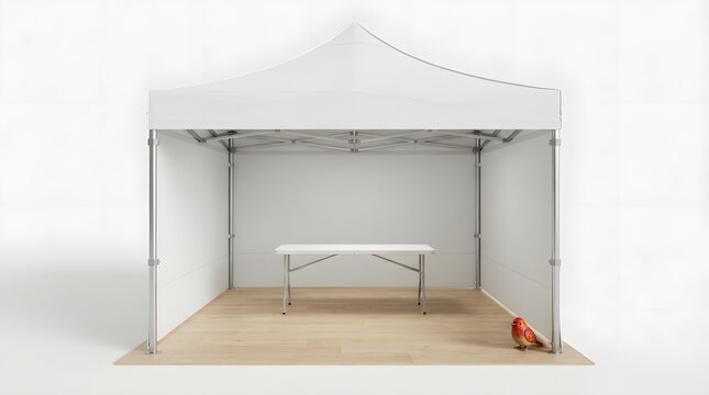 White pop up tent with table and bird on wooden floor against white background