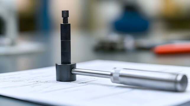 Metal surface roughness gauge resting on technical drawings in a workshop setting with blurred background tools