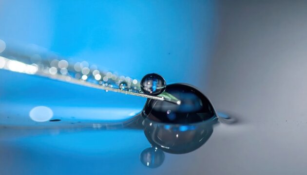 Macro water droplets on a needle over blue liquid surface