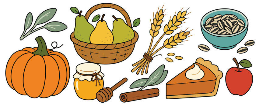 Autumn Pumpkin Pie Harvest Basket Pear Wheat Sunflower Seeds And Honey.