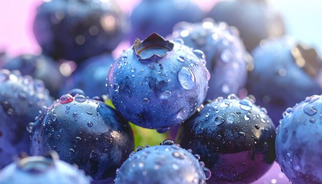 Macro shot of fresh blueberries covered in water droplets