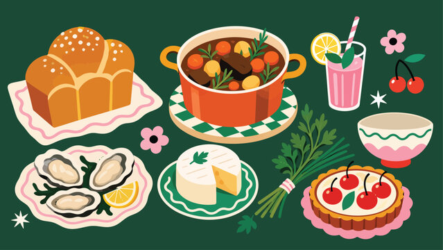 Classic French Meal Stew Brioche Oysters and Tart.