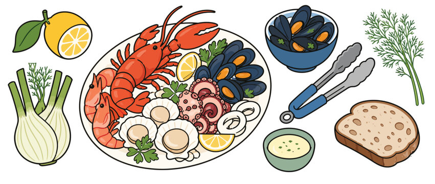 Seafood Platter Lobster Mussels Scallops Shrimp Octopus Lemon And Herbs.