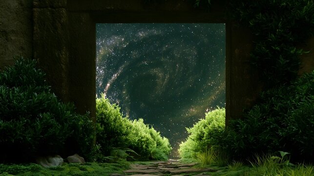 Ancient stone archway framed by lush greenery opens to a swirling spiral galaxy filled with stars