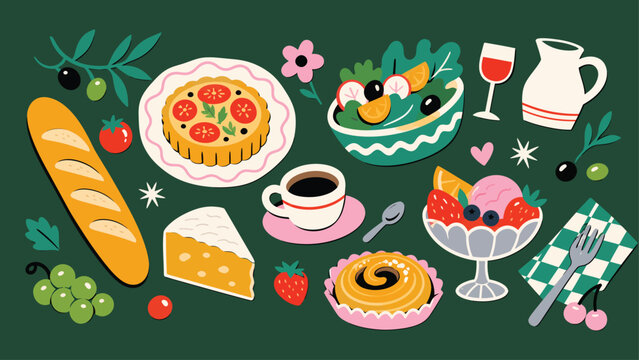 French Country Picnic Set Baguette Tart Salad Coffee Dessert Cheese Wine.
