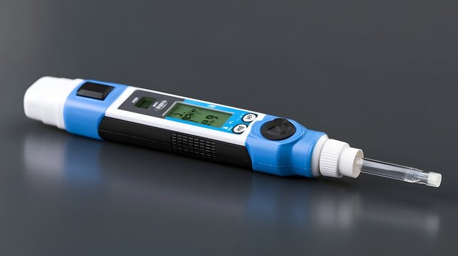 A handheld digital pH meter with a clear probe tip  resting on a dark reflective surface  displaying measurement readings