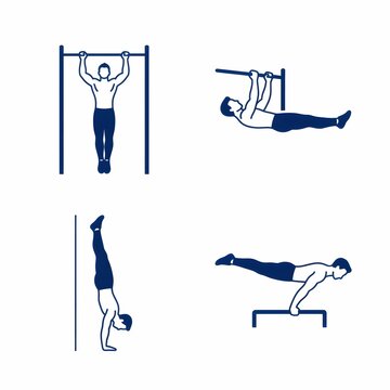 Blue calisthenics and bodyweight workout icons including pull-ups, leg raises, handstand, and planche