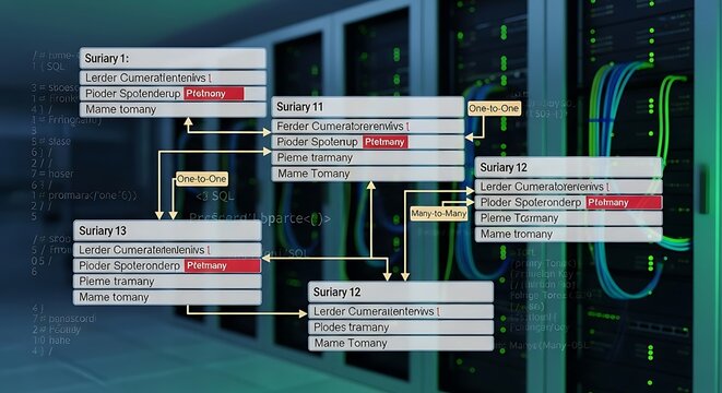 Digital Database Schema Diagram Displayed Over Modern Server Room Background