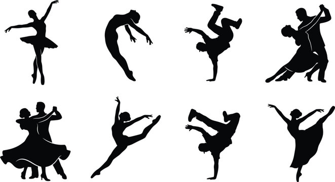 Dancers silhouette set featuring ballet ballerina contemporary modern dance couple ballroom tango and hip hop breakdancer