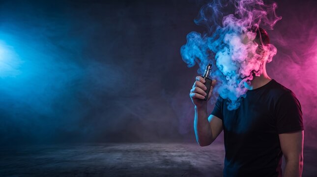 Man vaping electronic cigarette with pink and blue smoke clouds