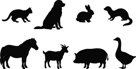 Obraz premium Domestic pets and farm livestock animals silhouette set featuring cat dog rabbit ferret pony goat pig and goose