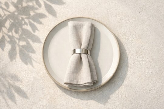 Minimal beige linen napkin folded with metal ring on round ceramic plate and soft leaf shadows for neutral table setting background and food styling flatlay design