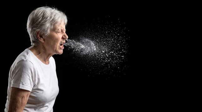 Senior Woman Sneezing with Droplet Spray on Black Background