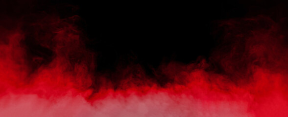 Obraz premium Abstract red smoke rising against a dark black background, creating a dramatic atmospheric texture for backgrounds, overlays, banners, cinematic designs, creative projects, and visual effects.