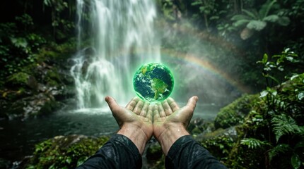 Naklejka premium Pair of human hands holding glowing green planet earth sphere in front of waterfall with sustainability conservation