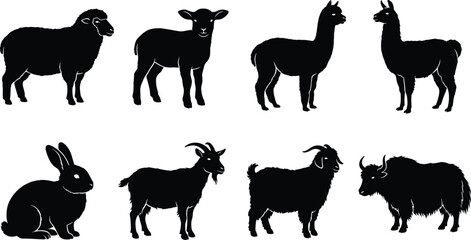 Naklejka premium Wool and fiber farm animals silhouette set featuring sheep lamb alpaca llama rabbit goat cashmere and yak