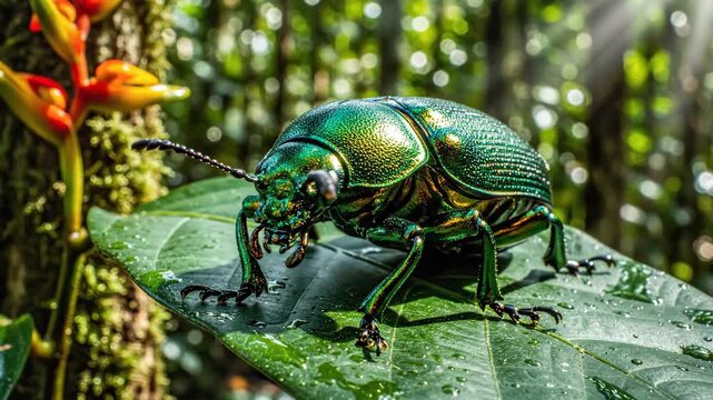 Gleaming Green Jewel Beetle on Wet Leaf in Tropical Rainforest