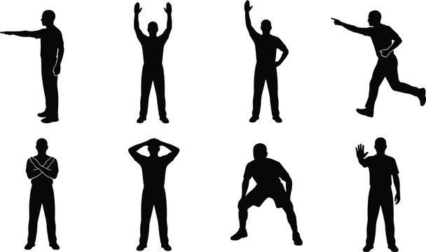 Sports referee hand signals and umpire gestures silhouette set showing penalty foul timeout and decision poses