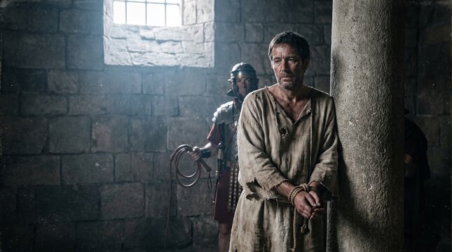 Apostle Paul leaning against stone pillar with hands bound in rope before Roman guard, Book of Acts New Testament biblical prison scene.