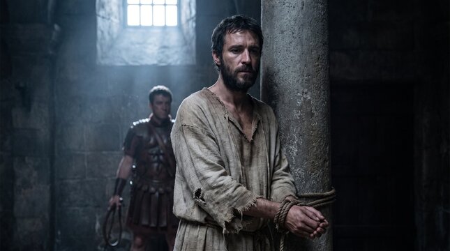 Apostle Paul with hands bound to stone pillar as Roman soldier holds whip in prison cell, Book of Acts New Testament biblical scene.