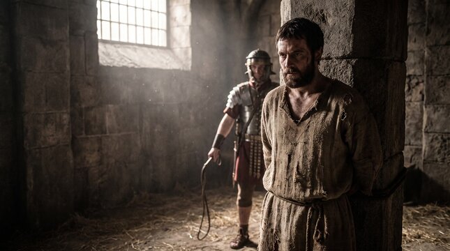 Apostle Paul with hands bound to stone pillar as Roman soldier stands with whip in prison cell, Book of Acts biblical scene under window light.