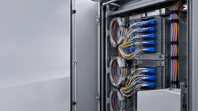 Interior of an outdoor fiber distribution cabinet with a patch panel and neatly coiled optical cables, soft daylight, nobody, copy space.