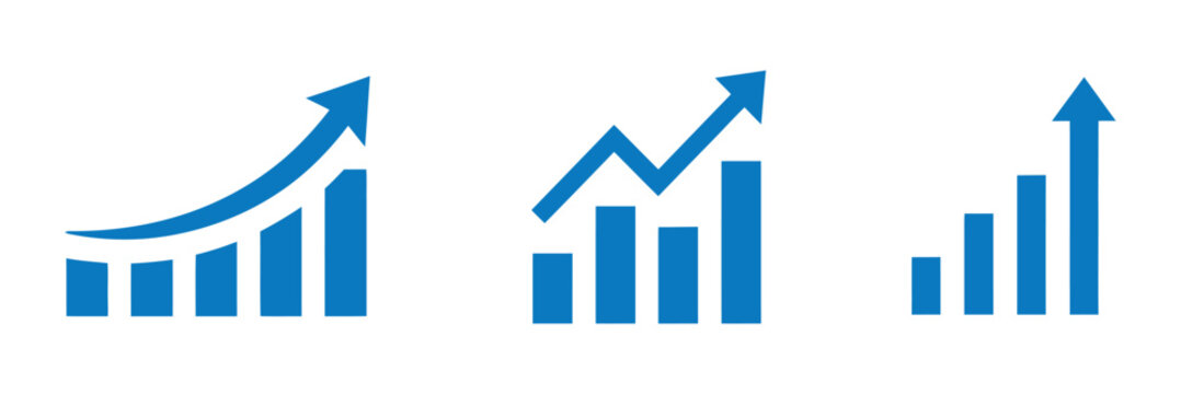 Three upward trending bar graphs illustrate growth and statistical data