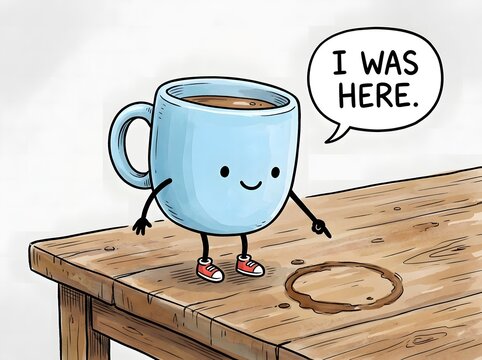 Cute cartoon coffee cup with legs pointing at coffee stain on wooden table speech bubble character