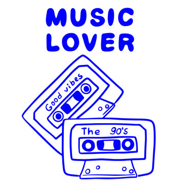 Music lover retro cassette tapes blue doodle illustration for nostalgic audio concept