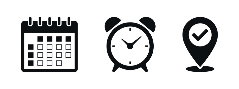 Calendar icon alarm clock icon and map marker icon in flat pictogram style