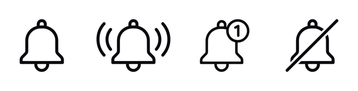 Four bell icons depict notification states with varying visual cues