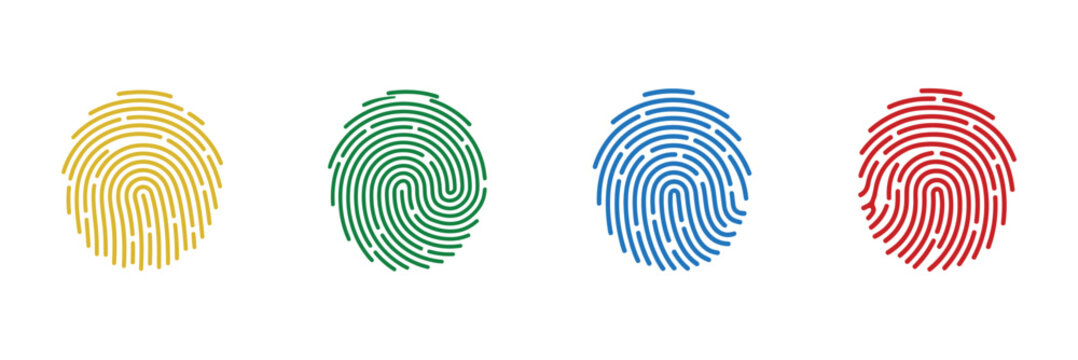 Four fingerprints showcase swirling patterns in yellow green blue and red hues