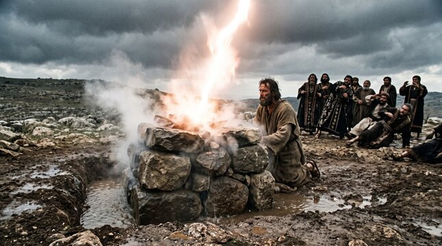 Prophet Elijah witnessing divine fire fall from storm clouds onto waterlogged stone altar as Baal prophets flee, Elijah on Mount Carmel biblical scene.