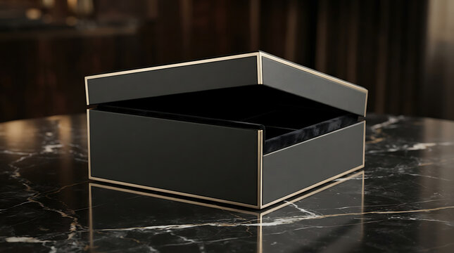 Black rectangular gift box with gold trim, open lid, on dark marble surface jewelry watch isolated on a transparent background
