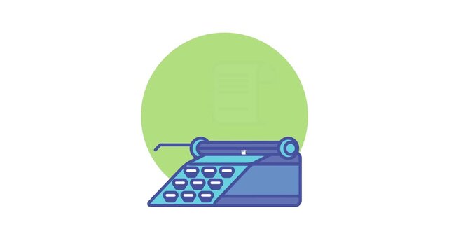 Animated typewriter typing a document on a green circle background, vintage writing tool.