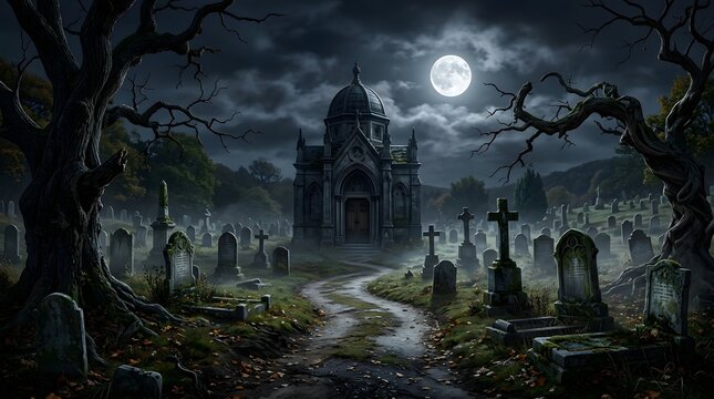 A spooky gothic mansion stands behind a misty graveyard under a bright full moon in a dark night sky
