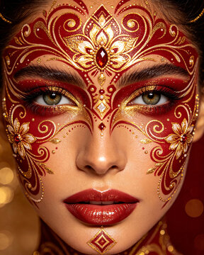 woman in carnival mask,Luxury Red and Gold Masquerade Face Paint with Glitter Details, Elegant Carnival Mask Makeup, Beautiful Fantasy Woman Portrait Close Up Graphic