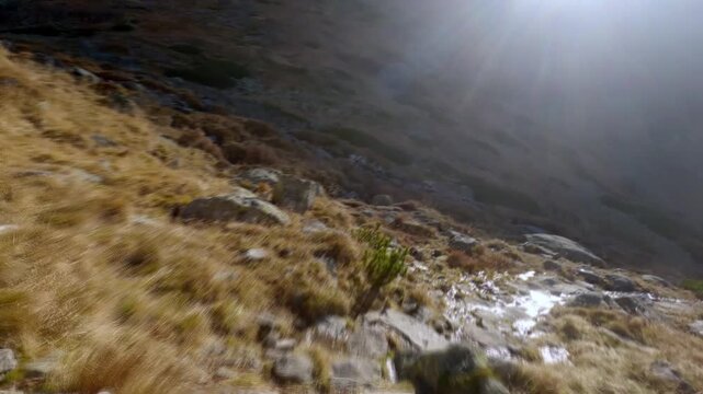 POV Timewarp Hiking Down Winding Mountain Trail