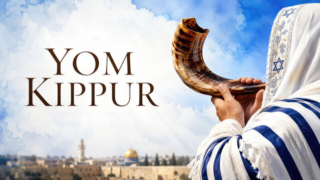 Worshipper sounding ram horn above ancient city beneath yom kippur text, high holy days observance, atonement prayer plus spiritual return