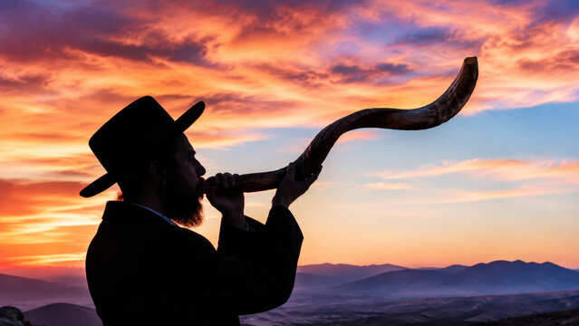 Silhouette of jewish man blowing shofar at mountain sunset, yom kippur tradition, final neilah service plus call to repentance
