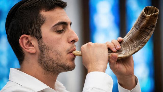 Young jewish man sounding shofar inside synagogue, yom kippur worship service, ram horn ritual plus call for repentance