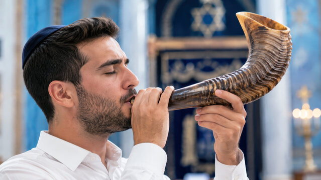 Man sounding large curved shofar before synagogue ark, atonement service with ram horn, yom kippur faith plus kol nidre worship