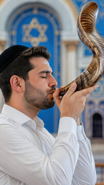 Jewish man blowing shofar beneath star of david inside synagogue, ceremonial yom kippur service, repentance prayer plus religious devotion