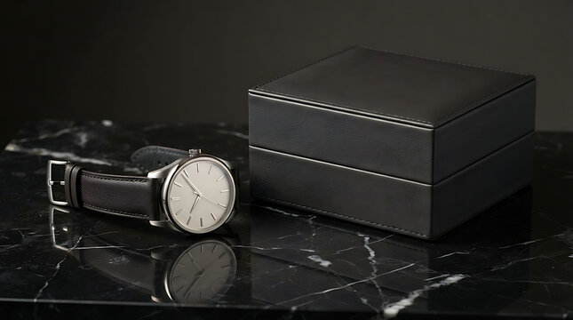 Minimalist silver wristwatch with black leather strap and dark gray presentation box on marble keywords: wristwatch, minimalist, silver, black isolated on a transparent background